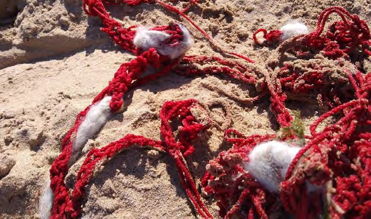 Wax-coated red yarn and white wool in sand