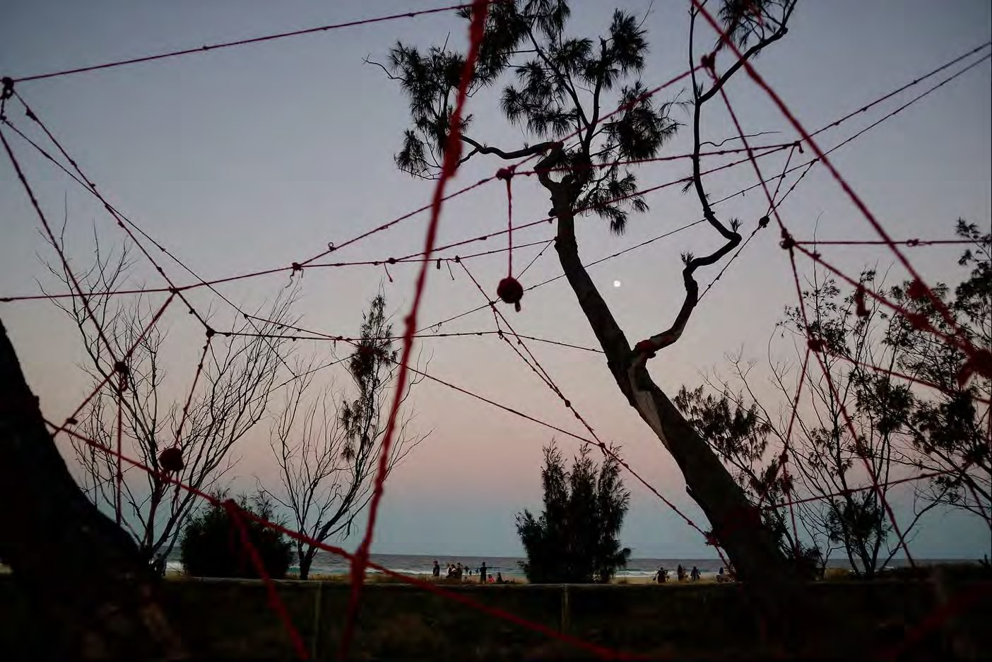 Red yarn lines between ladders and trees at dusk by the sea