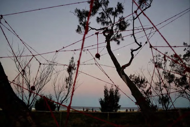 Red yarn lines between ladders and trees at dusk by the sea